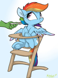Size: 674x900 | Tagged: dead source, safe, artist:mistydash, rainbow dash, oc, oc:anon, human, pegasus, pony, g4, chair, cute, dashabetes, do not want, feeding, female, floppy ears, frog (hoof), frown, highchair, looking away, looking up, no, sad, signature, spoon, spread wings, underhoof, worried