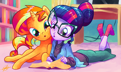 Size: 1920x1136 | Tagged: safe, artist:halem1991, sci-twi, sunset shimmer, twilight sparkle, pony, unicorn, equestria girls, g4, my little pony equestria girls: friendship games, :o, adorkable, book, bookworm, cheek squish, clothes, cute, dork, duo, glasses, halem1991 is trying to murder us, hnnng, nerd, nuzzling, reading, shimmerbetes, signature, socks, twiabetes, weapons-grade cute