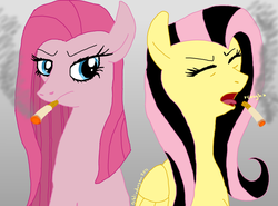 Size: 1054x780 | Tagged: safe, artist:bibliodragon, fluttershy, pinkie pie, g4, cigarette, coughing, emoshy, pinkamena diane pie, simple background, smoking