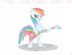 Size: 1024x786 | Tagged: safe, artist:rubixks, rainbow dash, g4, female, flying v, guitar, lined paper, mare, musical instrument, open mouth, shadow, solo, traditional art, wingless