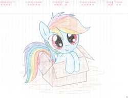Size: 1024x786 | Tagged: safe, artist:rubixks, rainbow dash, pony, fanfic:my little dashie, g4, box, cute, female, filly, homeless, lined paper, looking at you, pony in a box, solo, traditional art, wingless