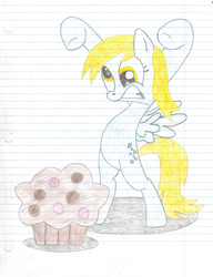 Size: 1024x1334 | Tagged: dead source, safe, artist:rubixks, derpy hooves, pegasus, pony, g4, female, food, lined paper, mare, muffin, pencil drawing, solo, traditional art