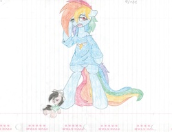 Size: 1024x786 | Tagged: dead source, safe, artist:rubixks, daring do, rainbow dash, pony, g4, bipedal, bottomless, chest fluff, clothes, female, morning ponies, pencil drawing, plushie, sleepy, trace, traditional art