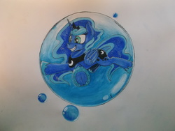 Size: 4288x3216 | Tagged: safe, artist:scribblepwn3, princess luna, alicorn, pony, g4, bubble, female, in bubble, pen drawing, smiling, solo, traditional art, watercolor painting