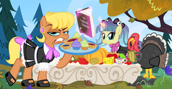 Size: 950x494 | Tagged: safe, artist:pixelkitties, ms. harshwhinny, pixel pizazz, turkey, equestria girls, g4, clothes, cupcake, equestria girls ponified, food, maid, meat, pie, ponified, pumpkin, thanksgiving, to serve man, votehorse