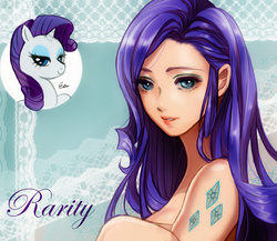 Size: 600x521 | Tagged: safe, artist:esther-shen, rarity, human, pony, g4, alternative cutie mark placement, bare shoulders, bedroom eyes, cutie mark on human, eyelashes, female, humanized, mare, smiling, solo
