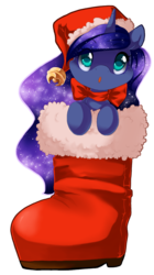 Size: 576x1028 | Tagged: safe, artist:loyaldis, princess luna, g4, :o, boot, characters inside shoes, christmas, cute, female, filly, lunabetes, santa hat, santa woona, simple background, solo, transparent background, woona