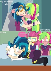 Size: 2562x3543 | Tagged: safe, artist:rainbowyoshi305, indigo zap, lemon zest, sour sweet, human, equestria girls, g4, my little pony equestria girls: friendship games, ass up, bed, blushing, drool, female, high res, kiss on the lips, kissing, lesbian, pillow, prone, ship:lemonzap, shipping, the ass was fat