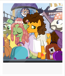 Size: 778x900 | Tagged: safe, artist:pixelkitties, boneless, cheese sandwich, max raid, ms. harshwhinny, tree hugger, velvet (tfh), deer, reindeer, them's fightin' herds, g4, airport, community related, hippie horse noises, luggage, pest control pony, suitcase