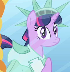 Size: 694x720 | Tagged: safe, screencap, twilight sparkle, pony, unicorn, friendship is magic, g4, alternate hairstyle, clothes, costume, female, outfit catalog, solo, statue of liberty, too green, unicorn twilight