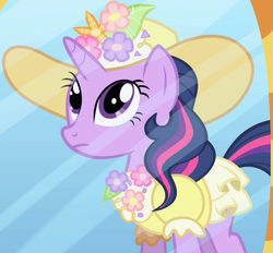 Size: 777x720 | Tagged: safe, screencap, twilight sparkle, pony, unicorn, friendship is magic, g4, alternate hairstyle, clothes, dress, female, hat, outfit catalog, puffy sleeves, solo, too yellow, unicorn twilight