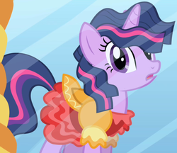 Size: 775x669 | Tagged: safe, screencap, twilight sparkle, pony, unicorn, friendship is magic, g4, season 1, alternate hairstyle, bacon hair, clothes, dress, female, outfit catalog, puffy sleeves, solo, too poofy, unicorn twilight