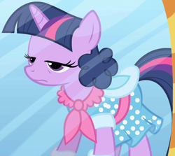 Size: 776x692 | Tagged: safe, screencap, twilight sparkle, pony, unicorn, friendship is magic, g4, alternate hairstyle, clothes, dress, female, frown, lidded eyes, mare, not poofy enough, outfit catalog, shoes, solo, unamused, unicorn twilight