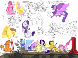 Size: 1280x960 | Tagged: safe, artist:ezkas, artist:generaltea, applejack, fluttershy, pinkie pie, rainbow dash, rarity, spike, sunset shimmer, trixie, twilight sparkle, alicorn, pony, g4, female, mane six, mare, sketch, stage, twilight sparkle (alicorn)