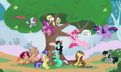 Size: 900x540 | Tagged: safe, artist:woox, bon bon, fluttershy, lily longsocks, lyra heartstrings, pinkie pie, sweetie drops, twilight sparkle, oc, oc:dizzy cream, oc:flockmod, alicorn, pony, g4, canon x oc, collaboration, female, flockmod, lesbian, male, mare, multiple artists, ship:lyrabon, shipping, straight, twilight sparkle (alicorn)