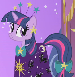 Size: 260x266 | Tagged: safe, screencap, twilight sparkle, pony, unicorn, g4, suited for success, bow, clothes, constellation dress, dress, female, solo, tail bow, unicorn twilight