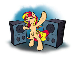 Size: 1600x1316 | Tagged: safe, artist:sirvalter, sunset shimmer, pony, unicorn, g4, bipedal, eyes closed, female, hoof hold, microphone, simple background, singing, solo, speaker