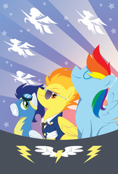 Size: 676x1000 | Tagged: safe, artist:yoonny92, rainbow dash, soarin', spitfire, pony, g4, grin, smiling, spread wings, sunglasses, wings, wonderbolts, wonderbolts dress uniform, wonderbolts uniform