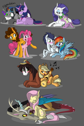 Size: 4441x6660 | Tagged: safe, artist:turrkoise, applejack, cheese sandwich, discord, fluttershy, king sombra, pinkie pie, rainbow dash, rarity, soarin', spike, trouble shoes, twilight sparkle, alicorn, draconequus, earth pony, pegasus, pony, unicorn, g4, absurd resolution, applejack's hat, cowboy hat, female, hat, makeup, male, mane seven, mane six, mare, ship:cheesepie, ship:discoshy, ship:soarindash, ship:sparity, ship:twibra, shipping, story included, straight, troublejack, twilight sparkle (alicorn), unshorn fetlocks