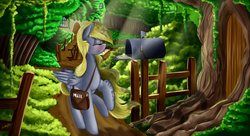 Size: 1900x1033 | Tagged: dead source, safe, artist:saddnesspony, derpy hooves, pegasus, pony, g4, female, forest, letter, mailbag, mailmare, mare, scenery, solo