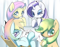 Size: 1024x793 | Tagged: safe, artist:skippy_the_moon, applejack, fluttershy, rainbow dash, rarity, earth pony, pegasus, pony, unicorn, g4, card, card game, chair, hooves on the table, table
