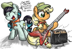 Size: 1400x944 | Tagged: safe, artist:flutterthrash, applejack, coloratura, g4, the mane attraction, amplifier, black sabbath, duo, electric guitar, guitar, heavy metal, metal, musical instrument, paranoid, rara, singing, song reference