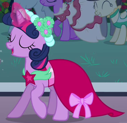 Size: 370x358 | Tagged: safe, screencap, twilight sparkle, pony, unicorn, a canterlot wedding, g4, alternate hairstyle, bridesmaid, bridesmaid dress, clothes, dress, eyes closed, female, mare, outfit catalog, solo focus
