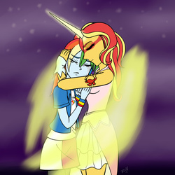 Size: 1280x1280 | Tagged: safe, artist:awesomeasiwannabe, rainbow dash, sunset shimmer, equestria girls, friendship games, g4, comforting, crying, daydream shimmer, embrace, female, hug, lesbian, shipping, sunsetdash