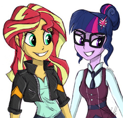 Size: 620x594 | Tagged: safe, artist:shimazun, sci-twi, sunset shimmer, twilight sparkle, equestria girls, g4, clothes, crystal prep academy uniform, female, lesbian, school uniform, ship:sci-twishimmer, ship:sunsetsparkle, shipping, simple background