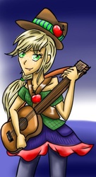 Size: 422x776 | Tagged: safe, artist:shadow strike, applejack, human, g4, acoustic guitar, clothes, dress, female, humanized, jeans, musical instrument, pants, solo, stage