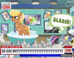 Size: 800x630 | Tagged: safe, artist:pixelkitties, chickadee, mayor mare, ms. harshwhinny, ms. peachbottom, pixel pizazz, prince blueblood, g4, alcohol, bagpipes o'toole, bath, bathroom, bathtub, cable news network, cnn, disgusted, high octane nightmare fuel, missing accessory, nightmare fuel, nightmare fuel in description, police tape, pruning, scotch, toilet, vomiting, votehorse, wat, why, wrinkles