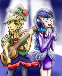 Size: 640x776 | Tagged: safe, artist:shadow strike, applejack, coloratura, human, g4, the mane attraction, acoustic guitar, clothes, dress, friends, humanized, microphone, musical instrument, rara, side slit, spotlight, stage