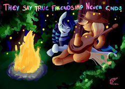 Size: 4960x3507 | Tagged: safe, artist:whitefeatherink, applejack, coloratura, g4, my little pony: friendship is magic, the mane attraction, campfire, eyes closed, guitar, musical instrument, rara, smiling, wink