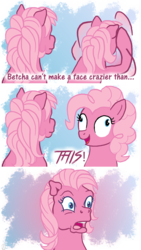 Size: 1080x1920 | Tagged: safe, artist:anscathmarcach, pinkie pie, pinkie pie (g3), g3, g4, too many pinkie pies, alternate universe, betcha can't make a face crazier than this, derp, g3 to g4, generation leap, generational ponidox, horrified, open mouth, pinkie's silly face, role reversal, shocked, take that