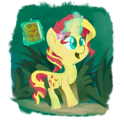 Size: 3733x3743 | Tagged: safe, artist:lilfunkman, sunset shimmer, pony, unicorn, g4, :d, book, colored pupils, female, flower, flower in hair, glowing horn, green background, high res, horn, magic, nature, open mouth, simple background, smiling, solo, telekinesis, walking
