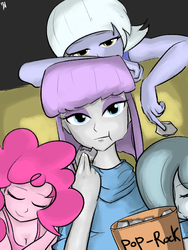 Size: 600x800 | Tagged: safe, artist:7doran, limestone pie, marble pie, maud pie, pinkie pie, equestria girls, g4, chewing, cleavage, clothes, couch, eating, equestria girls-ified, female, looking at you, pie sisters, pop rocks, rock, sisters, sleeping, tank top