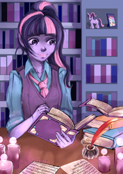 Size: 1024x1448 | Tagged: safe, artist:philota, twilight sparkle, human, g4, book, candle, clothes, equestria girls outfit, female, humanized, pony coloring, quill, solo, toy