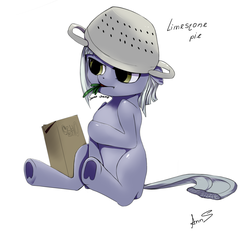 Size: 1024x960 | Tagged: safe, artist:annashamster, limestone pie, g4, :t, angry, carrot, chewing, cute, eating, female, food, frown, glare, herbivore, limabetes, pot, simple background, sitting, solo, underhoof, white background