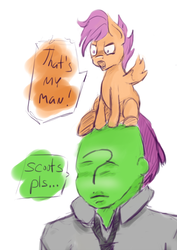 Size: 514x724 | Tagged: safe, artist:post-it, scootaloo, oc, oc:anon, human, pony, g4, /mlp/, angry, colored sketch, frown, jealous, open mouth, ponies riding humans, pony hat, riding, scootaloo riding anon, sitting, sketch, speech bubble, spread wings, unamused, wide eyes