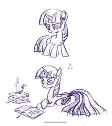 Size: 842x948 | Tagged: safe, artist:lookmaidrew, twilight sparkle, alicorn, pony, g4, book, candle, female, looking at you, mare, monochrome, prone, sketch, smiling, smirk, starry eyes, twilight sparkle (alicorn), wingding eyes
