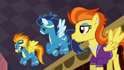Size: 640x360 | Tagged: safe, screencap, soarin', spitfire, stormy flare, pegasus, pony, g4, rarity investigates, clothes, eye contact, female, flying, male, mare, stallion, uniform, wonderbolts uniform