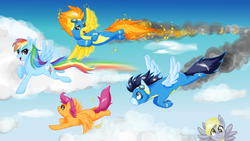 Size: 1024x576 | Tagged: safe, artist:shironiki, edit, derpy hooves, rainbow dash, scootaloo, soarin', spitfire, pegasus, pony, g4, backwards cutie mark, cropped, flying, friendship, scootaloo can fly, sky