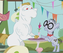 Size: 524x442 | Tagged: safe, screencap, bulk biceps, mr. waddle, earth pony, pegasus, pony, g4, slice of life (episode), bowtie, cropped, duo, ear piercing, earring, elderly, eyes closed, glasses, jewelry, liver spots, male, piercing, stallion, vein