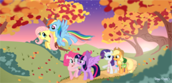 Size: 1152x558 | Tagged: safe, artist:cocopommel-rd, applejack, fluttershy, pinkie pie, rainbow dash, rarity, twilight sparkle, alicorn, pony, g4, autumn, clothes, female, flying, mare, path, saddle bag, scarf, twilight sparkle (alicorn)