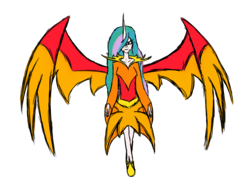 Size: 1300x1004 | Tagged: safe, artist:rexlupin, princess celestia, principal celestia, phoenix, equestria girls, g4, my little pony equestria girls: friendship games, daydream shimmer, daydream-ified, female, horn, horned humanization, humanized, solo, unamused, winged humanization