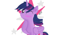 Size: 1280x720 | Tagged: safe, artist:jbond, twilight sparkle, alicorn, pony, g4, blushing, cutie mark, female, mare, request, requested art, signature, simple background, solo, twilight sparkle (alicorn), wink