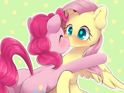 Size: 1024x768 | Tagged: safe, artist:ayahana, fluttershy, pinkie pie, earth pony, pegasus, pony, g4, blushing, butt, duo, female, kiss on the lips, kissing, lesbian, mare, plot, ship:flutterpie, shipping