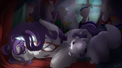 Size: 1920x1079 | Tagged: safe, artist:noben, opalescence, rarity, cat, pony, unicorn, g4, suited for success, art of the dress, clothes, dark, dress, female, gala dress, glasses, horn, magic, mannequin, mare, ponyquin, scene interpretation, sleeping, working