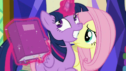 Size: 1248x702 | Tagged: safe, edit, edited screencap, screencap, fluttershy, twilight sparkle, alicorn, pony, g4, the hooffields and mccolts, animated, book, chart, female, grin, levitation, loop, magic, mare, telekinesis, teleportation, trotting, twilight sparkle (alicorn), twilight's castle