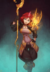 Size: 840x1200 | Tagged: safe, artist:atryl, sunset shimmer, human, wasp, g4, breasts, busty sunset shimmer, choker, cleavage, daemon, familiar, female, horn, horned humanization, humanized, patreon, quest for harmony, smiling, solo, staff